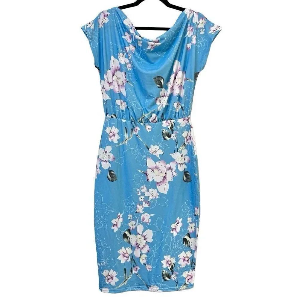 NWT Woosea Dolman Short Sleeve Gathered Waist Floral Bodycon Dress Blue Medium